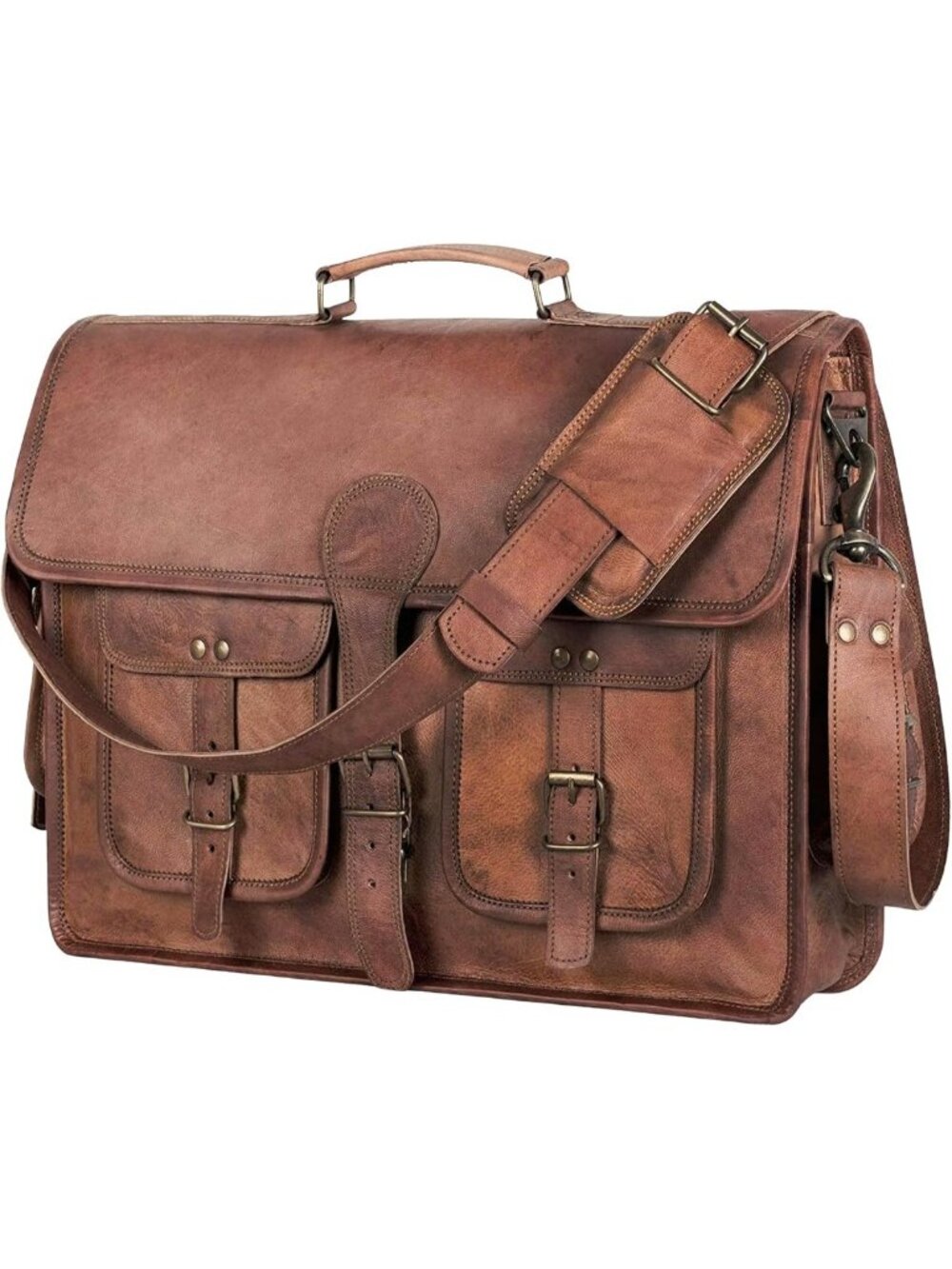 Stylish Leather Messenger Bag 18" Briefcase Laptop Satchel for Work & Travel